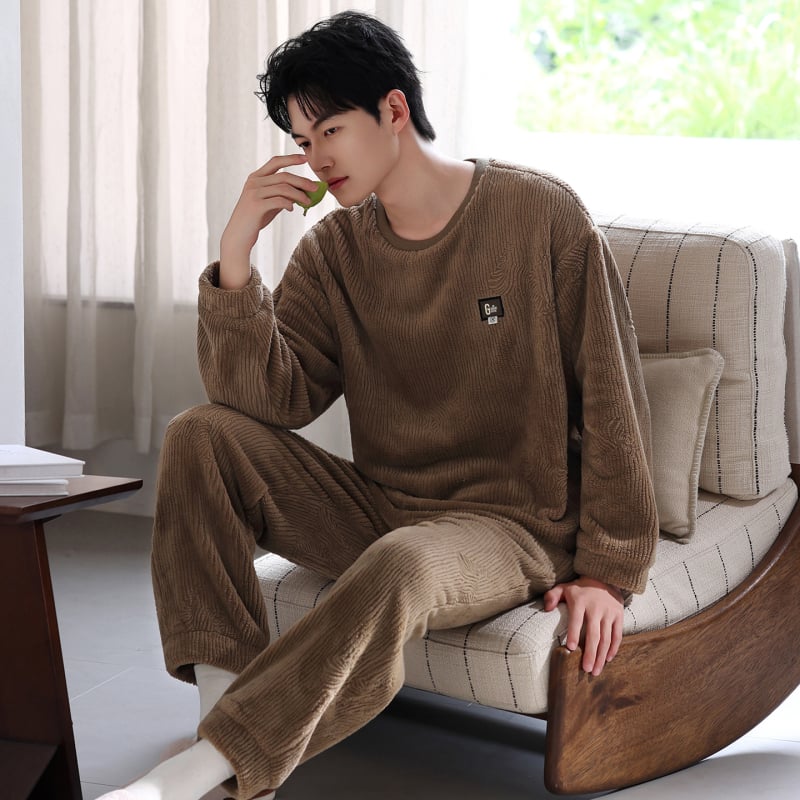 Vīriešu flaneļa pidžamu komplekts, apaļā kakla, garās piedurknes, ekstra bieza 301–350 g/m², 100% poliesters, ērtas mājas apģērbs, der arī ārpus mājas