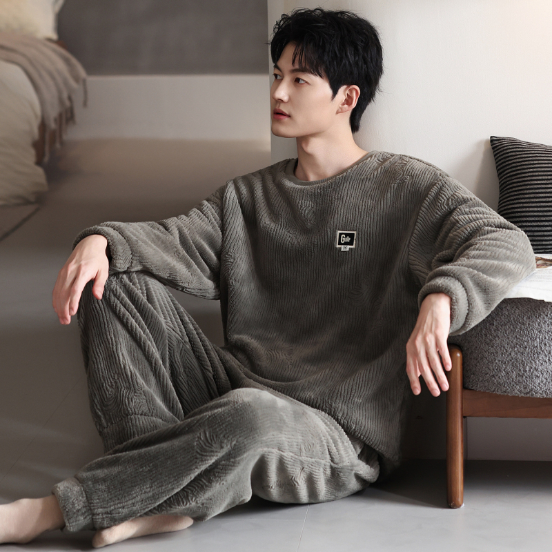 Vīriešu flaneļa pidžamu komplekts, apaļā kakla, garās piedurknes, ekstra bieza 301–350 g/m², 100% poliesters, ērtas mājas apģērbs, der arī ārpus mājas