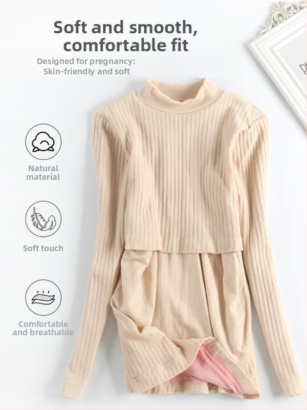 Nėščiųjų slaugos palaidinė su gobtuvu – nailono-kokvilės mišinys, ilgomis rankovėmis, siauras kirpimas, rudens–žiemos sezonas