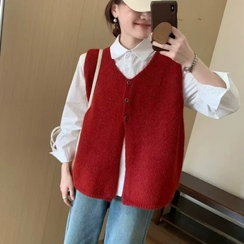 Moteriška megztinė be rankovių, V kaklo iškirptė su trim mygtukais, įprastas ilgis, akrilinis audinys, japonų ir korėjiečių kasdienis stilius