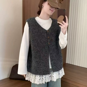 Moteriška megztinė be rankovių, V kaklo iškirptė su trim mygtukais, įprastas ilgis, akrilinis audinys, japonų ir korėjiečių kasdienis stilius