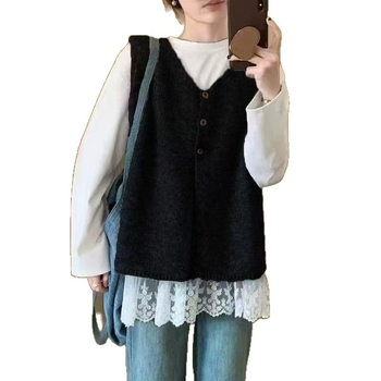 Moteriška megztinė be rankovių, V kaklo iškirptė su trim mygtukais, įprastas ilgis, akrilinis audinys, japonų ir korėjiečių kasdienis stilius