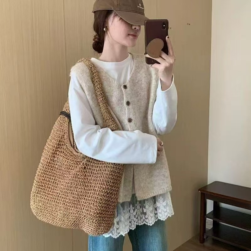 Moteriška megztinė be rankovių, V kaklo iškirptė su trim mygtukais, įprastas ilgis, akrilinis audinys, japonų ir korėjiečių kasdienis stilius