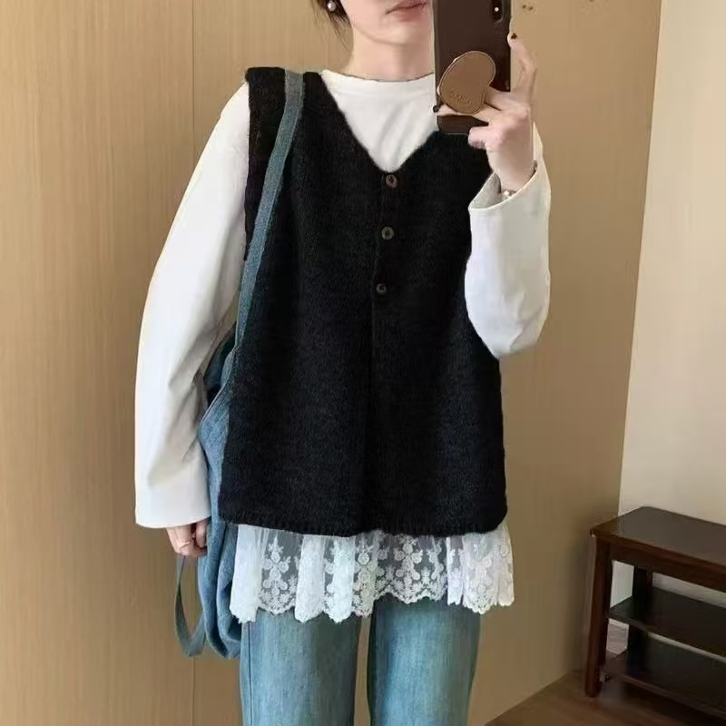 Moteriška megztinė be rankovių, V kaklo iškirptė su trim mygtukais, įprastas ilgis, akrilinis audinys, japonų ir korėjiečių kasdienis stilius