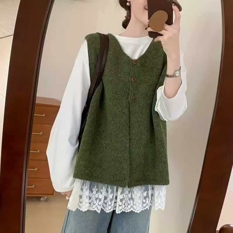 Moteriška megztinė be rankovių, V kaklo iškirptė su trim mygtukais, įprastas ilgis, akrilinis audinys, japonų ir korėjiečių kasdienis stilius