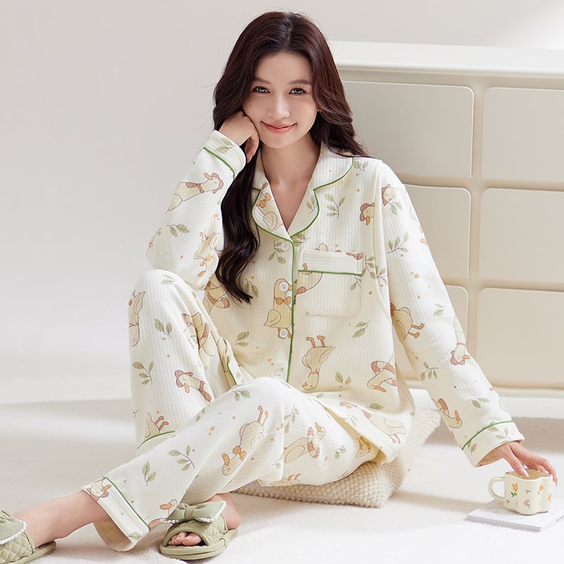 Σετ πιτζάμες μετά τον τοκετό για μητέρες — δύο τεμάχια, μακρύς μανίκι, 100% βαμβάκι, μεσαίου βάρους ύφασμα 181–200 g/m², κατάλληλο για θηλασμό