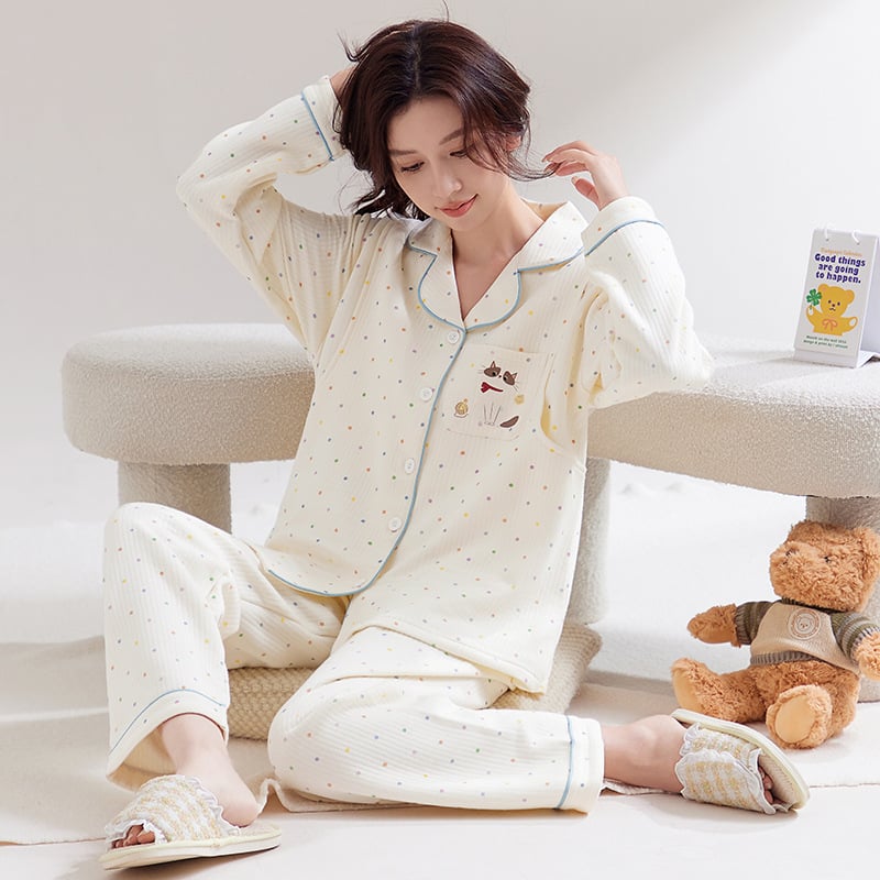 Σετ πιτζάμες μετά τον τοκετό για μητέρες — δύο τεμάχια, μακρύς μανίκι, 100% βαμβάκι, μεσαίου βάρους ύφασμα 181–200 g/m², κατάλληλο για θηλασμό