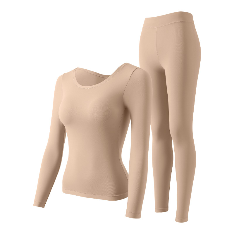 Női nylonos őszi-téli termal alsó készlet beépített melltartócsészékkel és párnákkal — hosszú ujjú, kerek nyakú alapréteg, antistatikus, lélegző, testformázó, melegen tartó (közepes súly 141–160 g/m²)