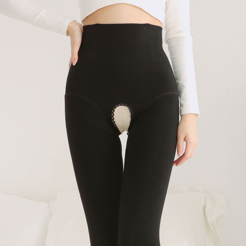 Leggings s visokim strukom, otvorenim preponom, debeli flis, češćeni pamuk, jednostavan uzorak