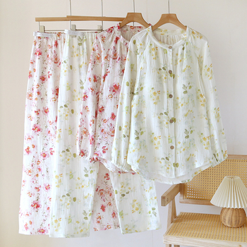 Μητρικό σετ οικιακής ένδυσης από 100% βαμβάκι κρεπ, φλοράλ μακριά μανίκια, στρογγυλή λαιμόκοψη, λεπτό ύφασμα, για άνοιξη-καλοκαίρι-φθινόπωρο