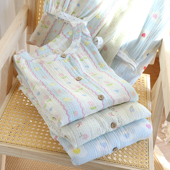 Μητρικό σετ οικιακής ένδυσης από 100% βαμβάκι κρεπ, φλοράλ μακριά μανίκια, στρογγυλή λαιμόκοψη, λεπτό ύφασμα, για άνοιξη-καλοκαίρι-φθινόπωρο