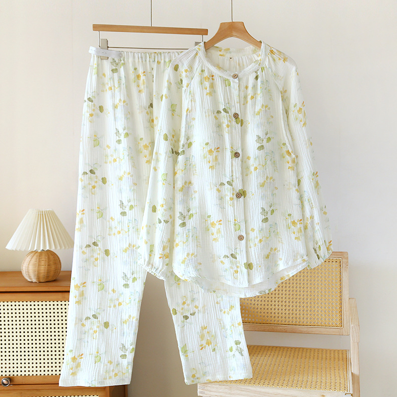 Μητρικό σετ οικιακής ένδυσης από 100% βαμβάκι κρεπ, φλοράλ μακριά μανίκια, στρογγυλή λαιμόκοψη, λεπτό ύφασμα, για άνοιξη-καλοκαίρι-φθινόπωρο