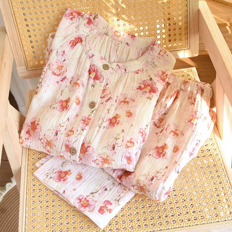 Μητρικό σετ οικιακής ένδυσης από 100% βαμβάκι κρεπ, φλοράλ μακριά μανίκια, στρογγυλή λαιμόκοψη, λεπτό ύφασμα, για άνοιξη-καλοκαίρι-φθινόπωρο