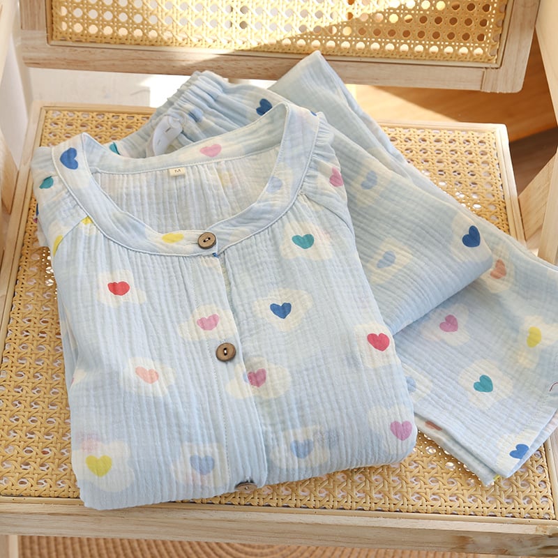 Μητρικό σετ οικιακής ένδυσης από 100% βαμβάκι κρεπ, φλοράλ μακριά μανίκια, στρογγυλή λαιμόκοψη, λεπτό ύφασμα, για άνοιξη-καλοκαίρι-φθινόπωρο