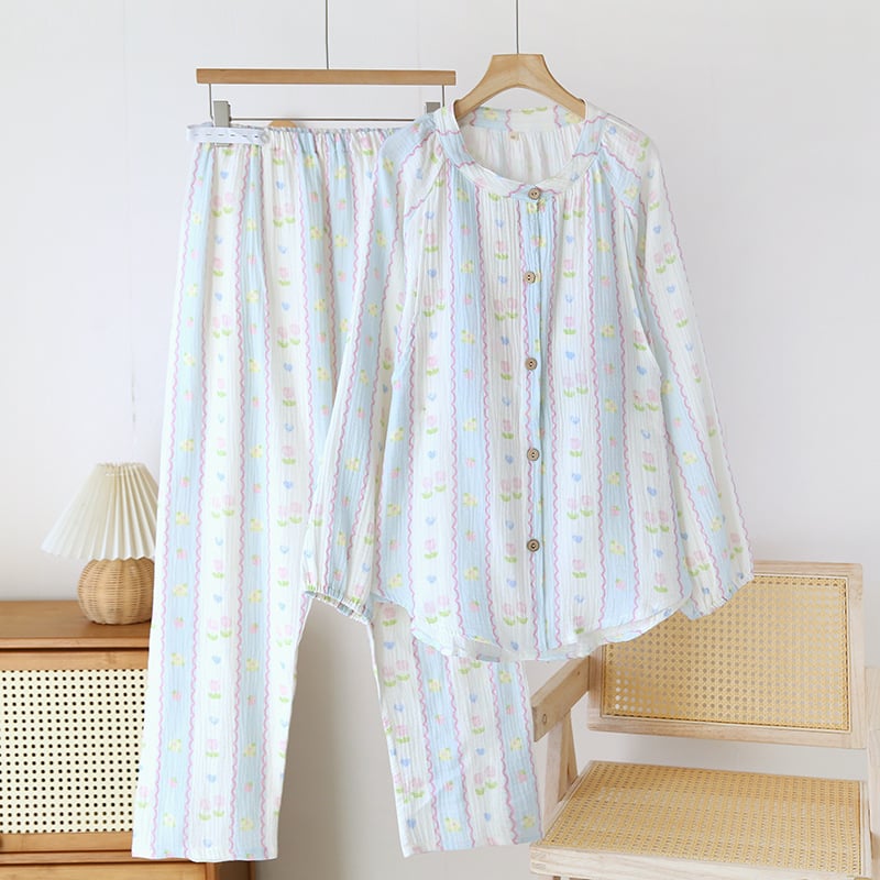 Μητρικό σετ οικιακής ένδυσης από 100% βαμβάκι κρεπ, φλοράλ μακριά μανίκια, στρογγυλή λαιμόκοψη, λεπτό ύφασμα, για άνοιξη-καλοκαίρι-φθινόπωρο