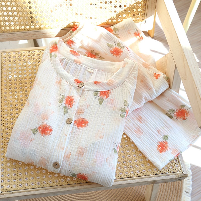 Μητρικό σετ οικιακής ένδυσης από 100% βαμβάκι κρεπ, φλοράλ μακριά μανίκια, στρογγυλή λαιμόκοψη, λεπτό ύφασμα, για άνοιξη-καλοκαίρι-φθινόπωρο