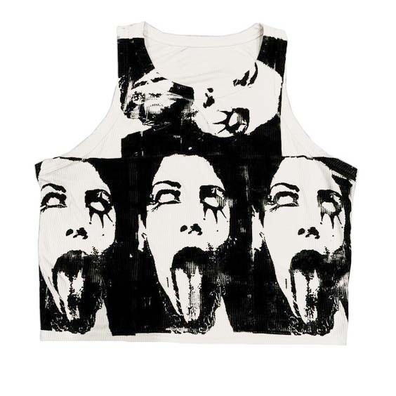 Ženski bezrukavni T-shirt – ispis Goth stila, uski kroj, poliester materijal, mikroelastičnost, široke ramene