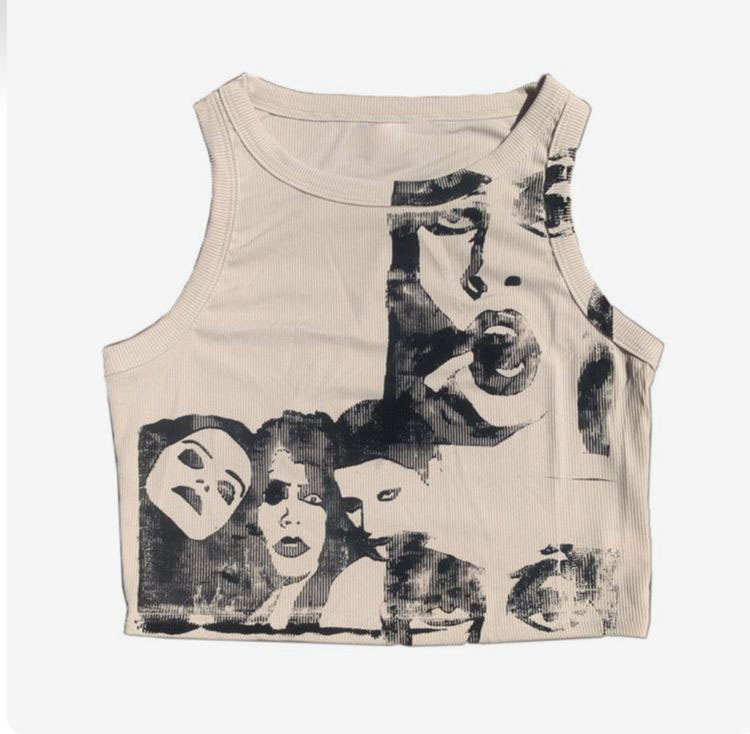 Ženski bezrukavni T-shirt – ispis Goth stila, uski kroj, poliester materijal, mikroelastičnost, široke ramene