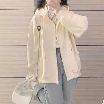 Ženski hoodies s kapuljačom i zatvaračem – japanski stil sladak, opušten kroj; corduroy tkanina s krznom zečjeg (<30%); proljeće 2023