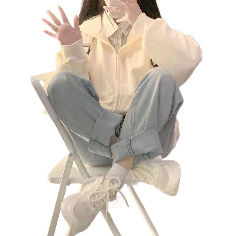 Ženski hoodies s kapuljačom i zatvaračem – japanski stil sladak, opušten kroj; corduroy tkanina s krznom zečjeg (<30%); proljeće 2023