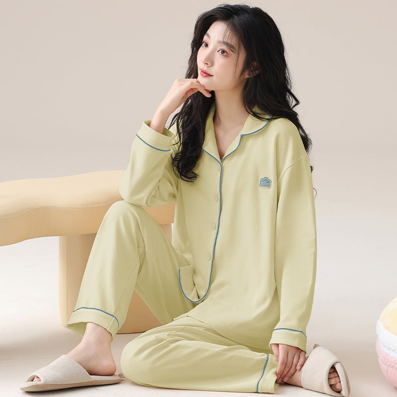 Női posztpartum pizsama szett kardigánnal, hosszú ujjú felső és hosszú nadrág, pamut