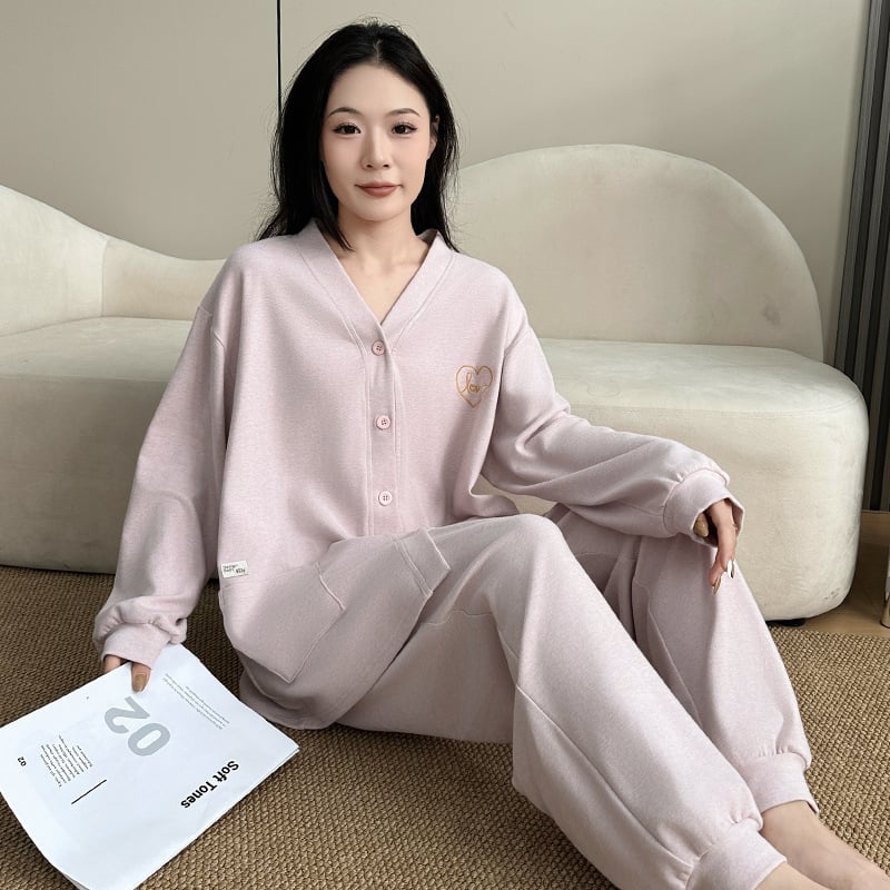 Ženski pamuk pijama set, srednje debljine, kardigan stil s V izrezom, dugi rukavi i dugačke hlače