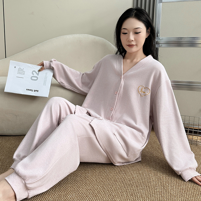 Ženski pamuk pijama set, srednje debljine, kardigan stil s V izrezom, dugi rukavi i dugačke hlače