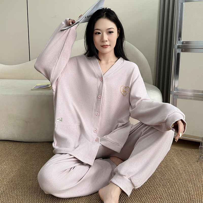 Ženski pamuk pijama set, srednje debljine, kardigan stil s V izrezom, dugi rukavi i dugačke hlače