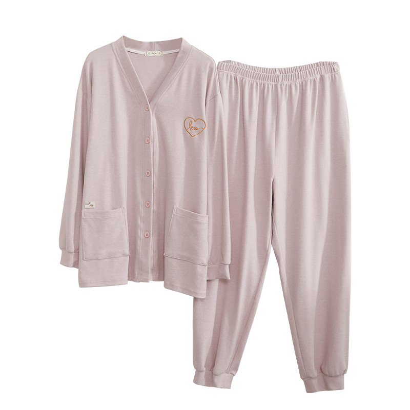 Ženski pamuk pijama set, srednje debljine, kardigan stil s V izrezom, dugi rukavi i dugačke hlače