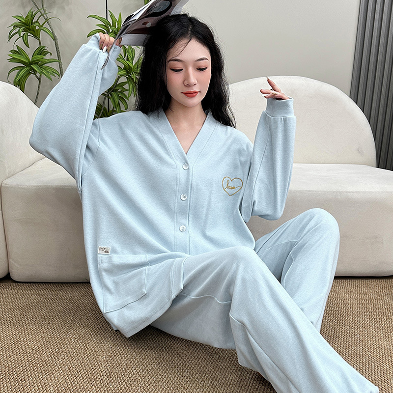 Ženski pamuk pijama set, srednje debljine, kardigan stil s V izrezom, dugi rukavi i dugačke hlače