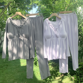 Nėščiųjų pižama su maitinančiu atvartu – ilgomis rankovėmis viršus ir ilgomis kelnėmis, medvilnės-modal mišinys, ruduo 2025