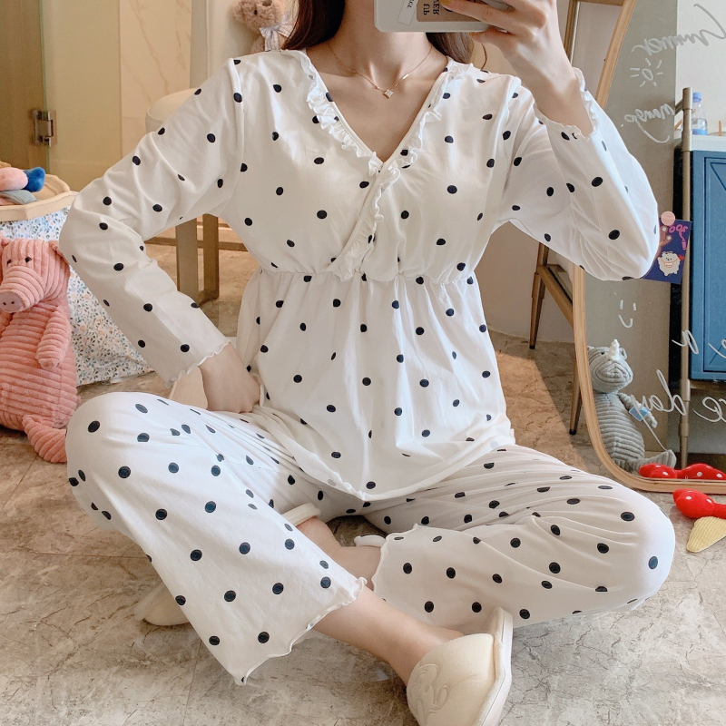 Nėščiųjų pižama su maitinančiu atvartu – ilgomis rankovėmis viršus ir ilgomis kelnėmis, medvilnės-modal mišinys, ruduo 2025