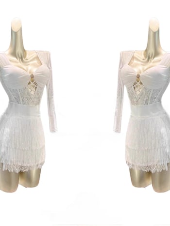 Suaugusiųjų Lotynų šokių suknelė su nėrinių viršutine dalimi ir kutais sijonu, nailonas 95%+, raukšlėta tekstūra, 2024 ruduo