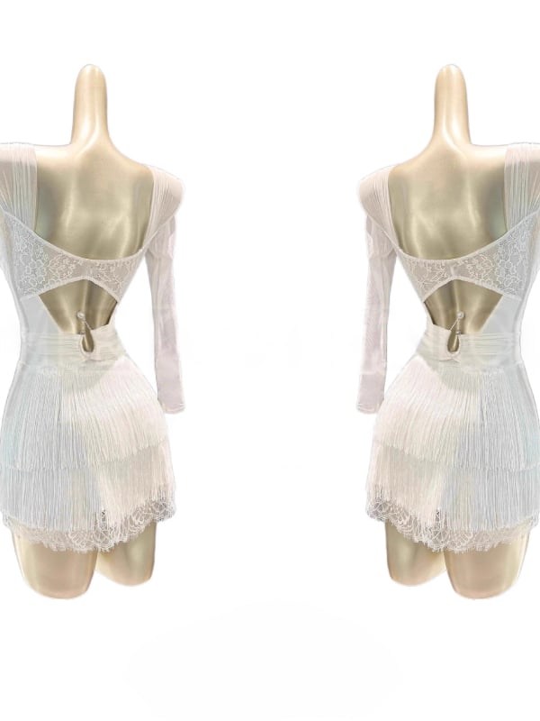 Suaugusiųjų Lotynų šokių suknelė su nėrinių viršutine dalimi ir kutais sijonu, nailonas 95%+, raukšlėta tekstūra, 2024 ruduo