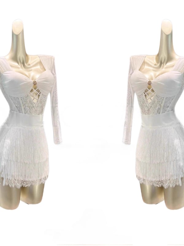 Suaugusiųjų Lotynų šokių suknelė su nėrinių viršutine dalimi ir kutais sijonu, nailonas 95%+, raukšlėta tekstūra, 2024 ruduo