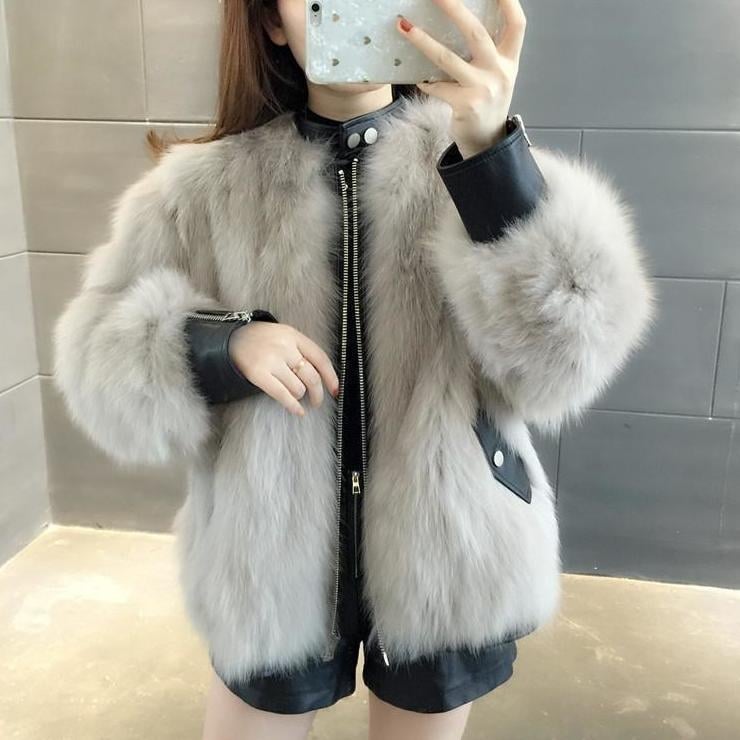 Sievietes kažokādas jaka no mākslīgās lapsas kažokādas ar PU ādas ieliktņiem, korduroja audums, trušu kažokāde <30%, pavasaris 2023