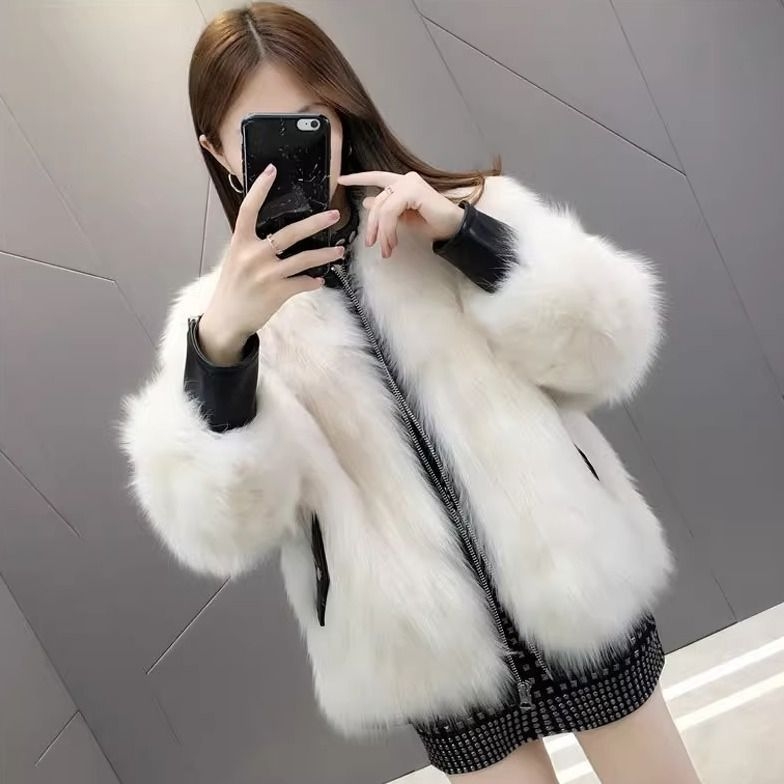 Sievietes kažokādas jaka no mākslīgās lapsas kažokādas ar PU ādas ieliktņiem, korduroja audums, trušu kažokāde <30%, pavasaris 2023