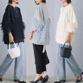 Σετ δύο τεμαχίων: χαλαρός φούτερ με τζιν με χάντρες, Φθινόπωρο 2024, μακριές μανίκια, στρογγυλός λαιμός, ιαπωνο-κορεατικό στυλ άνεσης, μίγμα βισκόζη-βαμβάκι 50–70% βαμβάκι