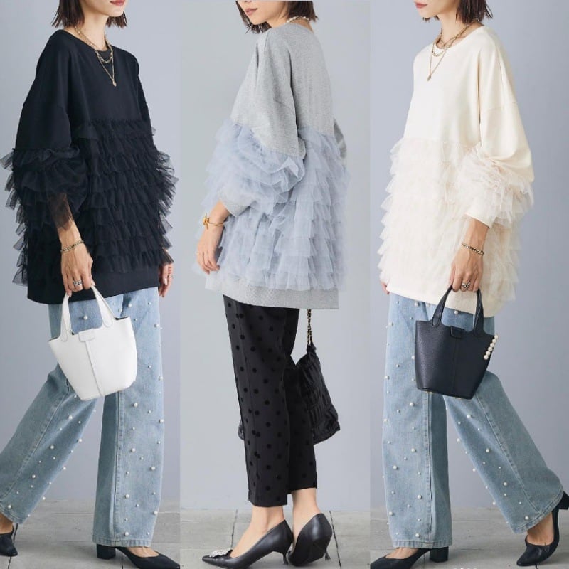 Σετ δύο τεμαχίων: χαλαρός φούτερ με τζιν με χάντρες, Φθινόπωρο 2024, μακριές μανίκια, στρογγυλός λαιμός, ιαπωνο-κορεατικό στυλ άνεσης, μίγμα βισκόζη-βαμβάκι 50–70% βαμβάκι