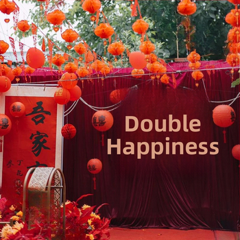 Vestuvių fono audinys su laimingaisiais simboliais, nuotraukoms, logotipų spauda