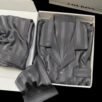 Vīriešu pidžamu komplekts ar apkakles izšuvumu, imitēts zīds, poliester 95-100%, plāns audums, garas piedurknes