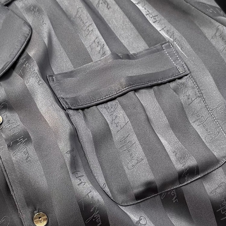 Vīriešu pidžamu komplekts ar apkakles izšuvumu, imitēts zīds, poliester 95-100%, plāns audums, garas piedurknes