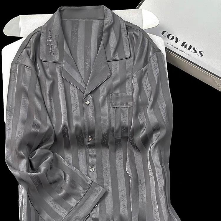 Vīriešu pidžamu komplekts ar apkakles izšuvumu, imitēts zīds, poliester 95-100%, plāns audums, garas piedurknes