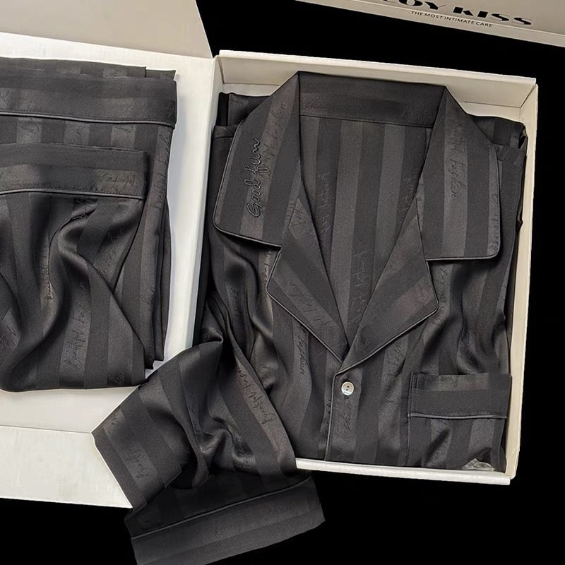 Vīriešu pidžamu komplekts ar apkakles izšuvumu, imitēts zīds, poliester 95-100%, plāns audums, garas piedurknes