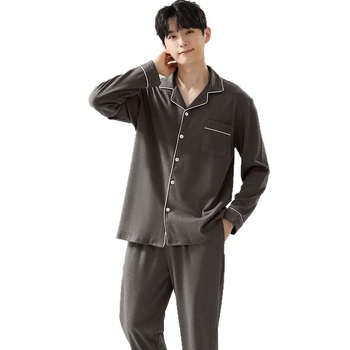 Vīriešu pidžamu komplekts: 100% kokvilna, kardigans ar reversu, garas piedurknes, iekļauti bikses, auduma svars 181–200 g/m²