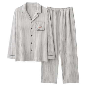 Vīriešu 100% kokvilnas pidžamu komplekts ar reveru, kardigan, garās piedurknes, vidēji smags audums (181-200 g/m²), elpojošs un ērtas, piemērots pavasarim un rudenim