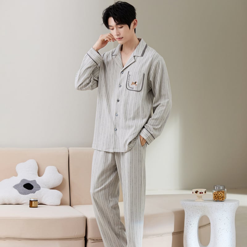 Vīriešu 100% kokvilnas pidžamu komplekts ar reveru, kardigan, garās piedurknes, vidēji smags audums (181-200 g/m²), elpojošs un ērtas, piemērots pavasarim un rudenim