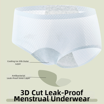Moterų menstruacijoms skirti apatiniai, pagrindinis audinys nailonas 86%, tarpkojo įdėklas poliesteris 70–80%, vidutinio aukščio juosmuo, atsparus nuotėkiui