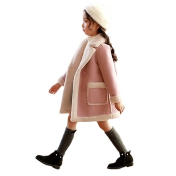 Mergaitei skirta korėjietiška žieminė mink velūro striukė, su flisinio pamušalu, apykaklė su lapeliu, dvigubo užsegimo