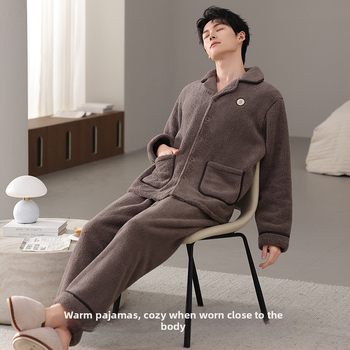 Vīriešu pidžamu komplekts no jēra vilnas, bieza vilna, kardigāna stila ar reveru, garās piedurknes, piemērots ārējai nēsāšanai